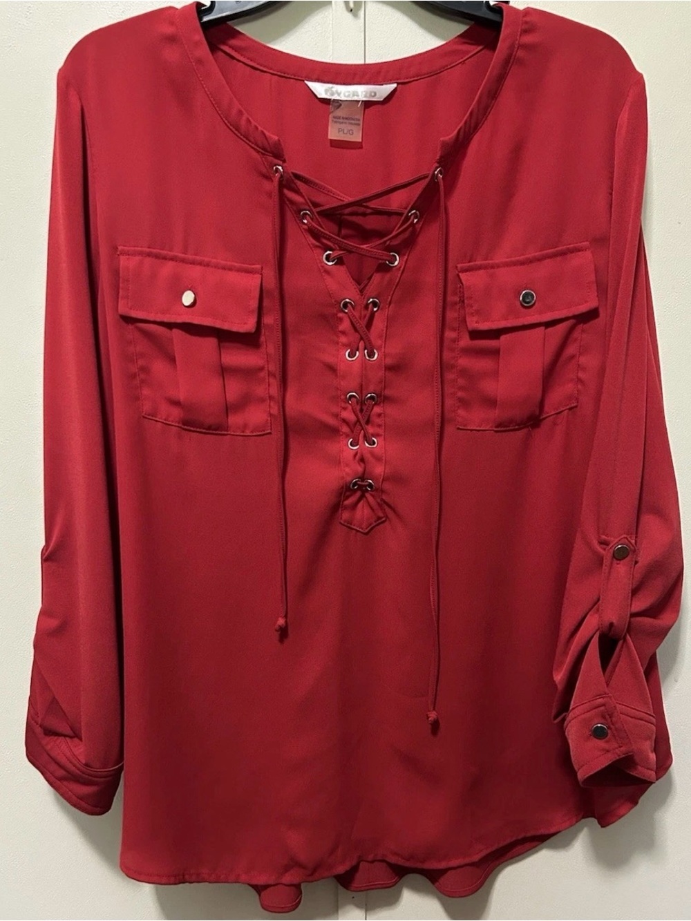 Nygard Red Lace Up Front Blouse Size LP Roll Tab Sleeve